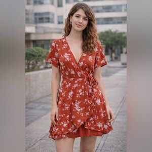 Abercrombie & Fitch Rust Floral Wrap Mini Dress